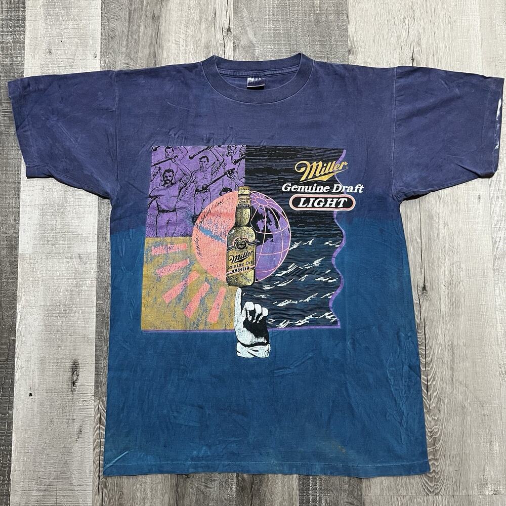 VTG Miller Light Genuine Draft Multi Panel 80s/90s Beer T Shirt Blue Purple Sz L
